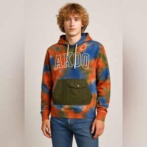 Akoo Hoodie Tie-Dye Streetwear Grunge Skater Orange Blue Green Unisex Size XL